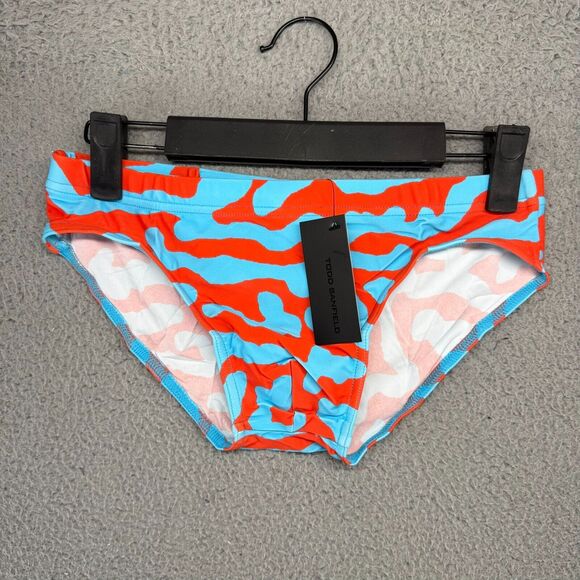 Todd Sanfield Swim Brief Men's XS Blue Red Deep Discus Abstract Micro FR5162 NEW - Picture 1 of 9